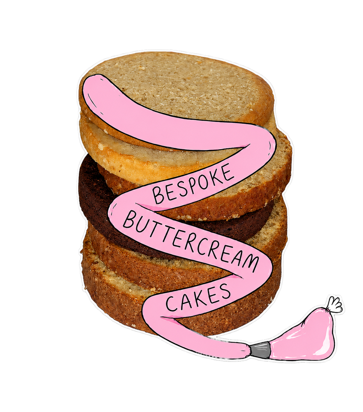 Stack of cake sponges wrapped with a pink piping bag ribbon reading 'Bespoke Buttercream Cakes'