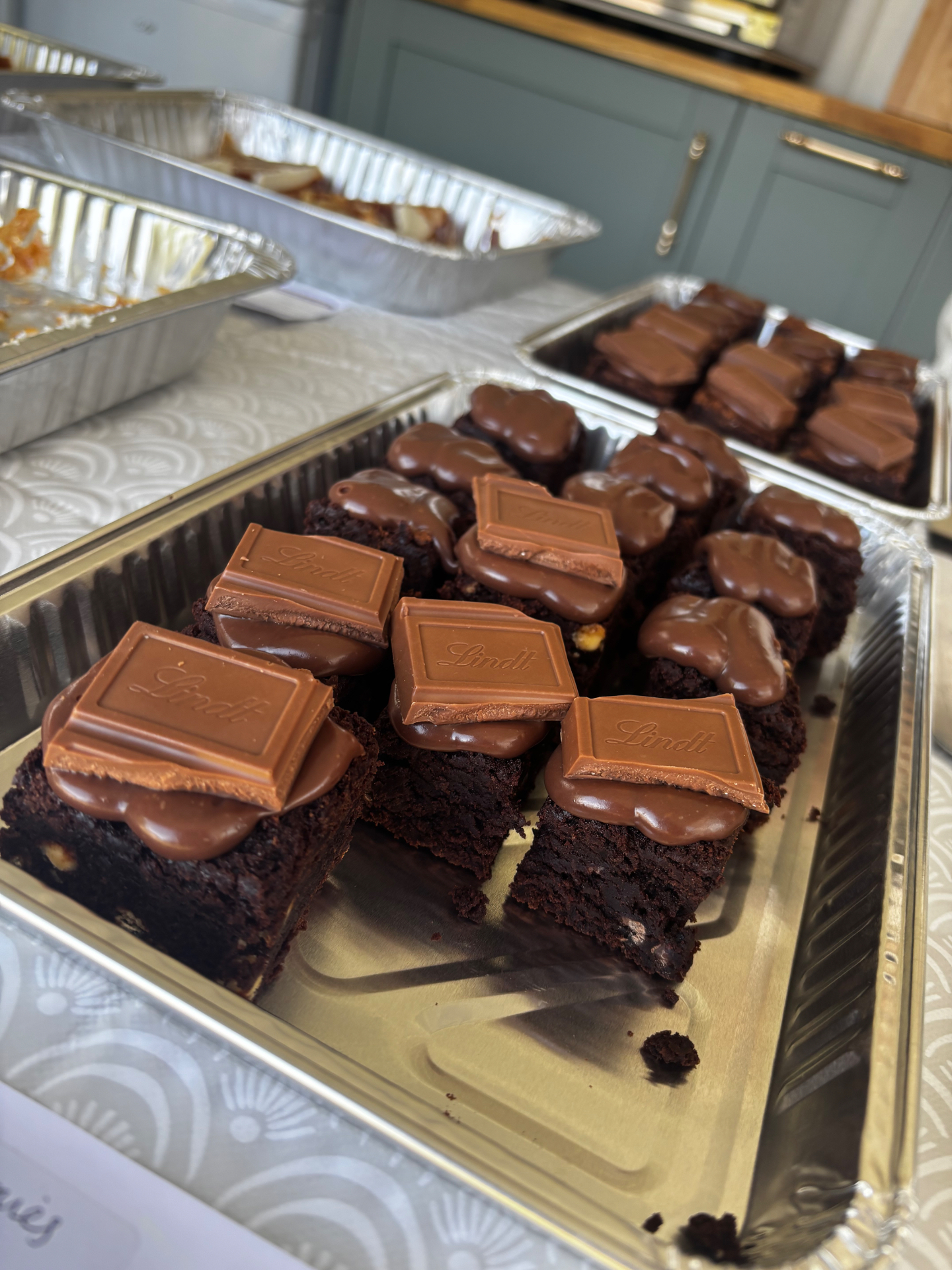 Trays of milk chocolate Lindt-topped brownies