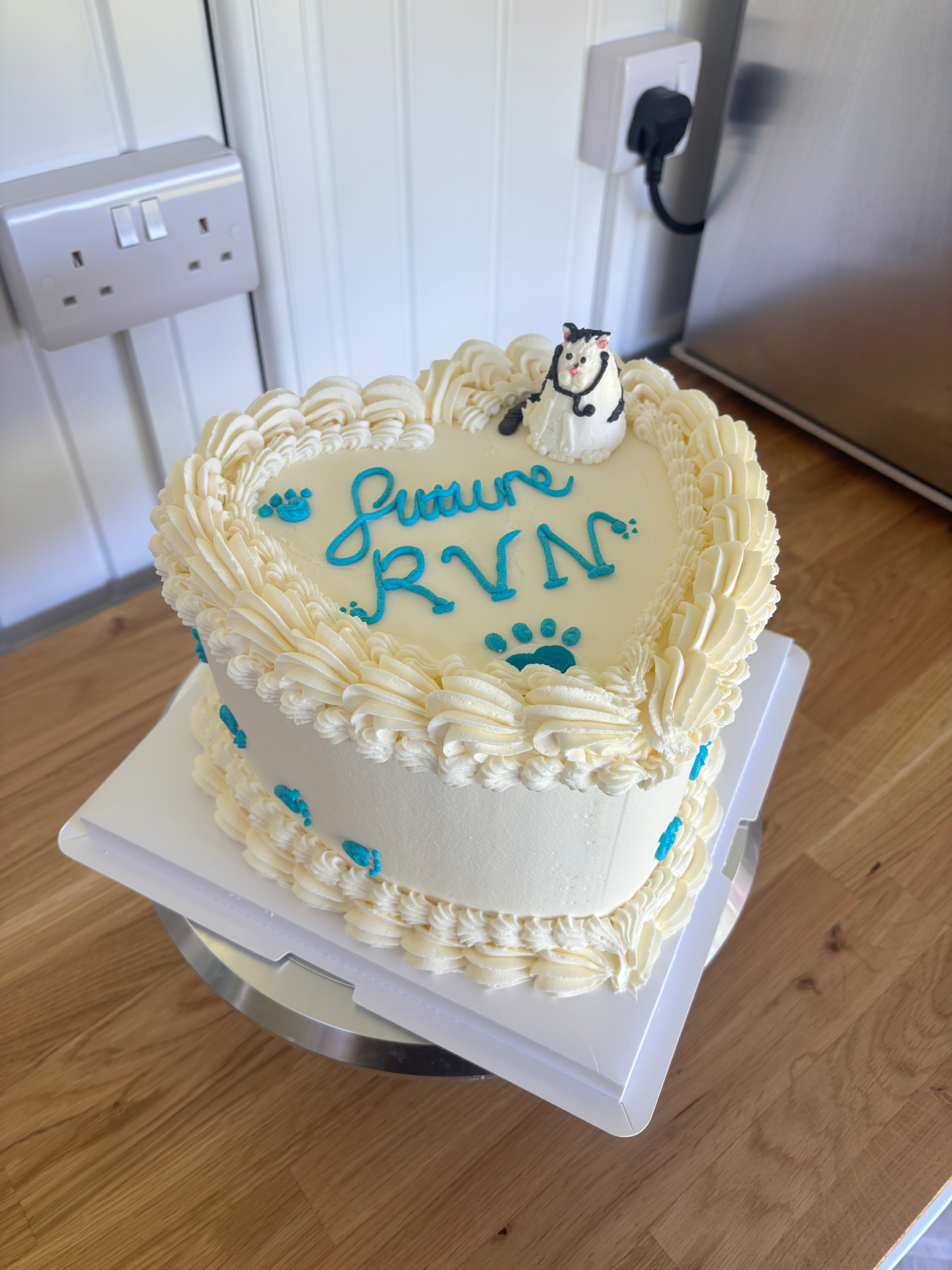 Heart-shaped cream buttercream cake with teal piped 'Future RVN' lettering, paw prints and a fondant cat topper