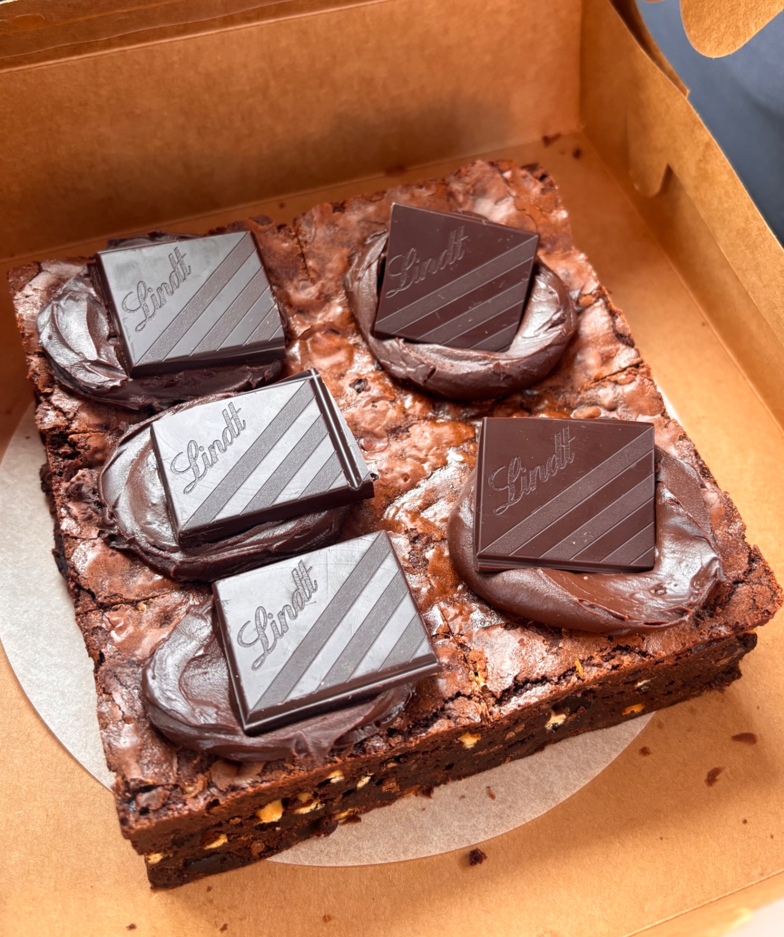 Dark chocolate Lindt-topped brownie tray