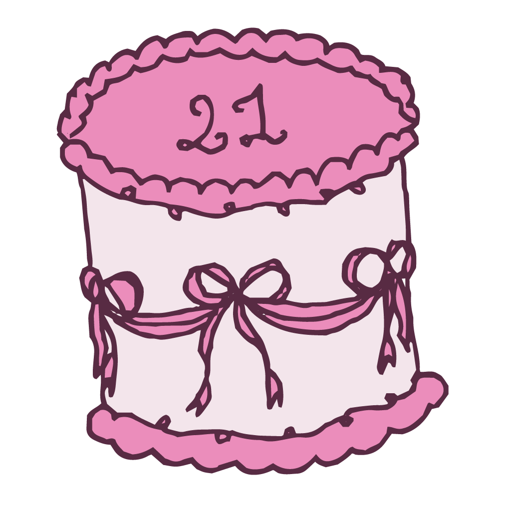 Hand-drawn pink birthday cake with bows